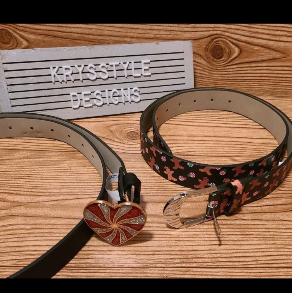 Betsey Johnson Set of 2 Holiday Belts Women Gingerbread Heart Mint